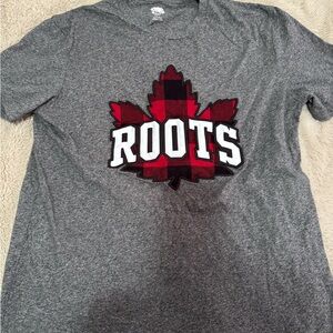 Roots Gray Short Sleeve Tee with Red Maple Leaf
